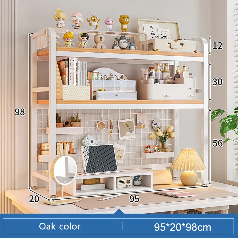 Bookshelf Bookcase With Grid Desktop Multi-layer Wrought Iron Shelf Student Computer Desk Table Hole Board Table Wooden Shelves