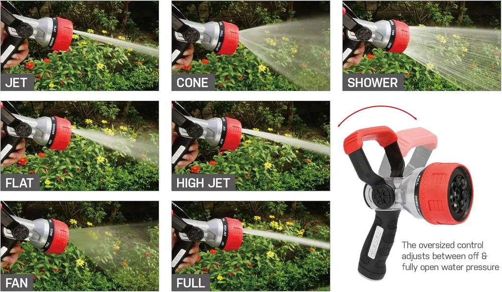 Heavy-Duty Metal Fireman Hose Nozzle | 7 Spray Patterns, High-Pressure Garden Sprayer with Quick Connect Set & Bonus
