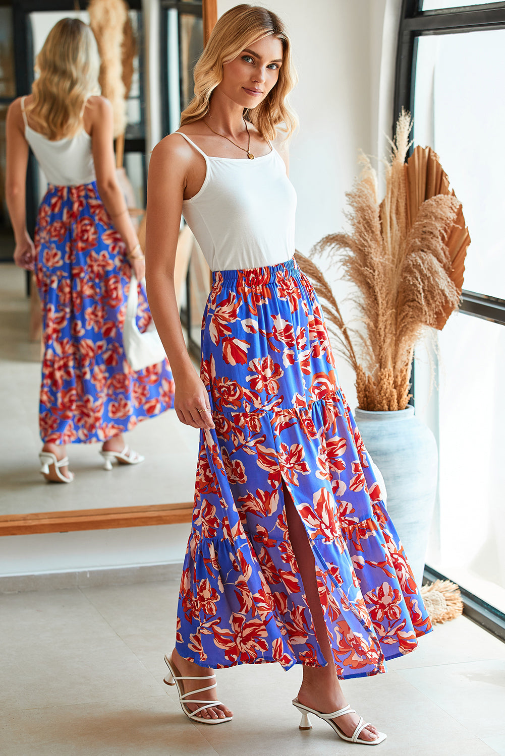 Boho Floral Tiered Side Slit Maxi Skirt