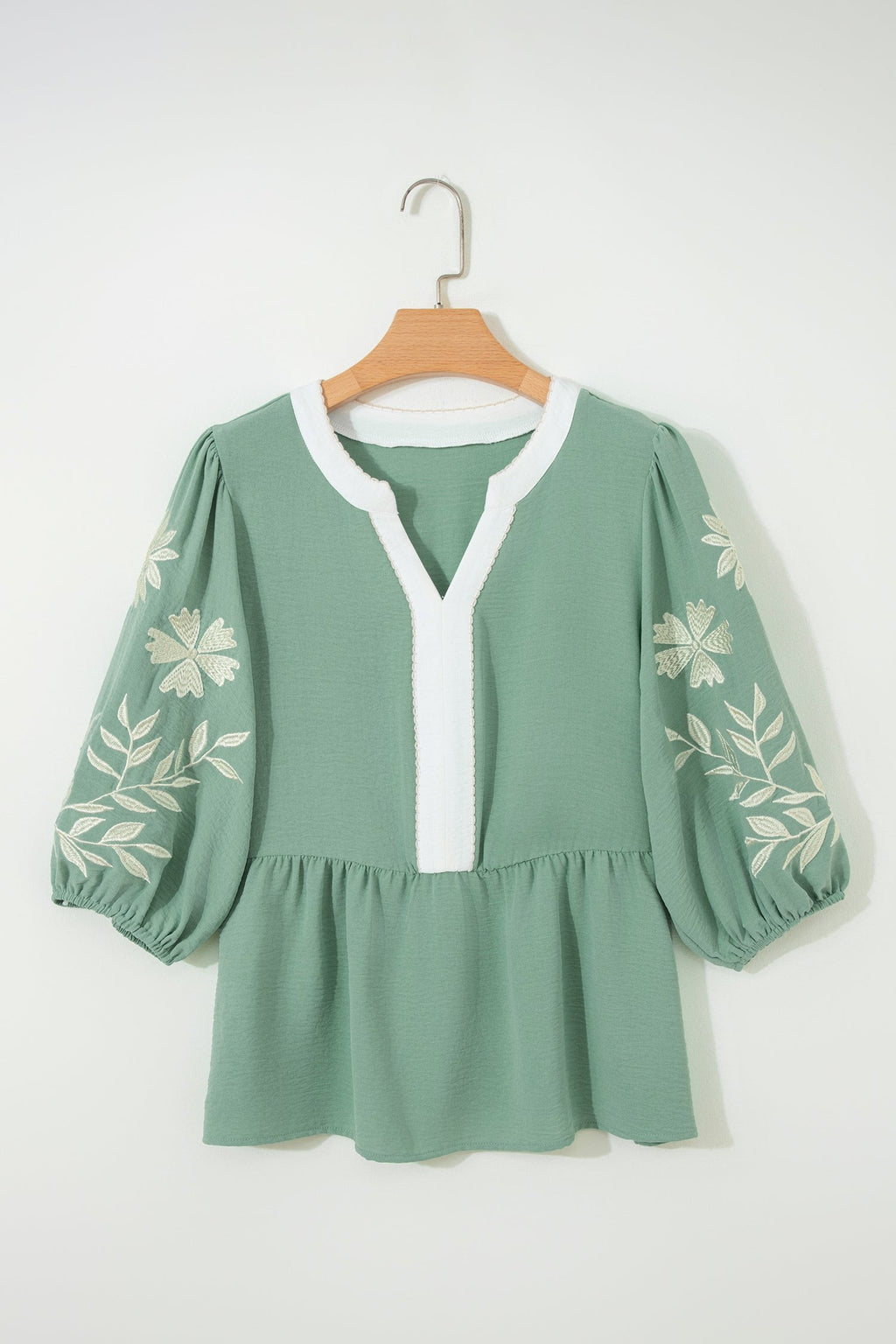 Floral Embroidered Colorblock Puff Sleeve Babydoll Blouse