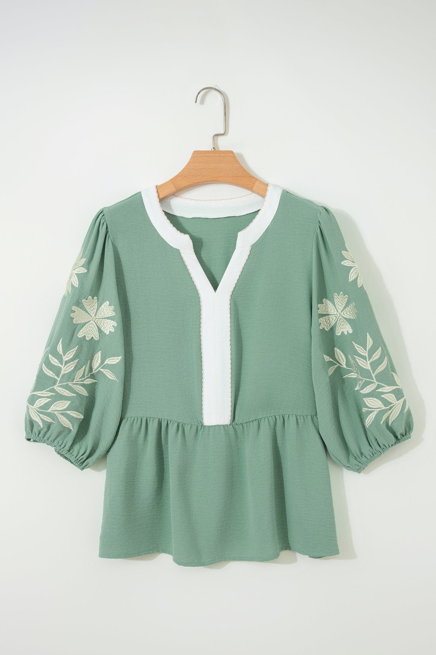 Floral Embroidered Colorblock Puff Sleeve Babydoll Blouse