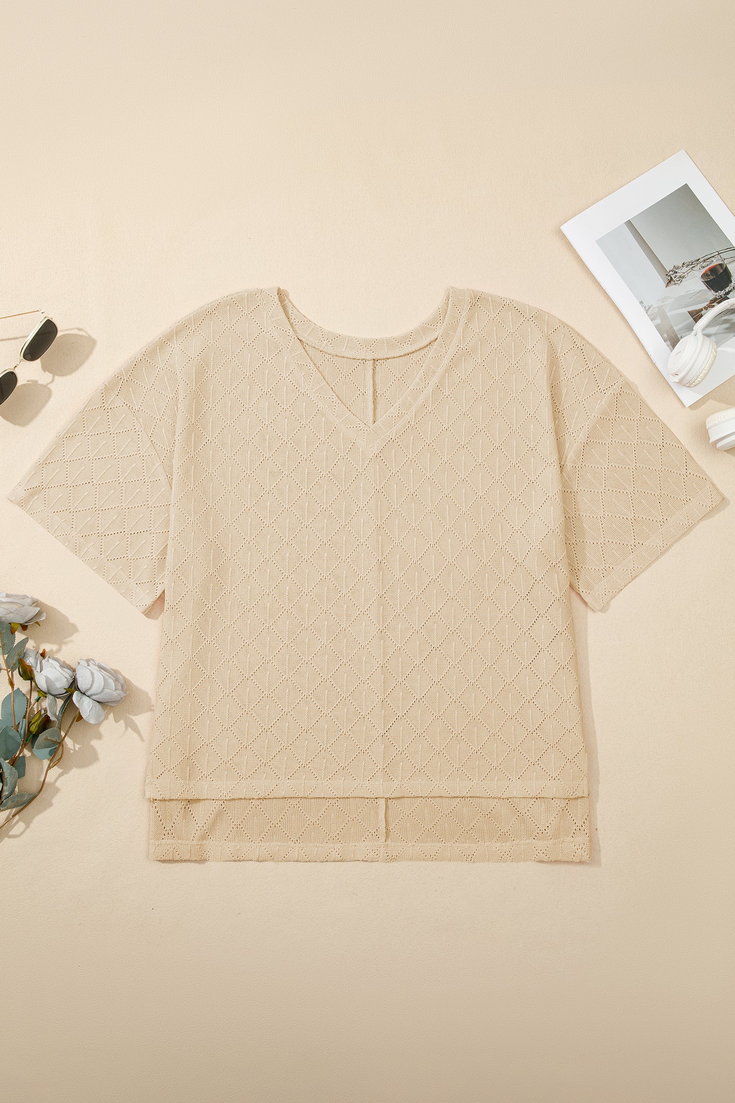 Plus Size Rhombus Pointelle Knit V-Neck Top
