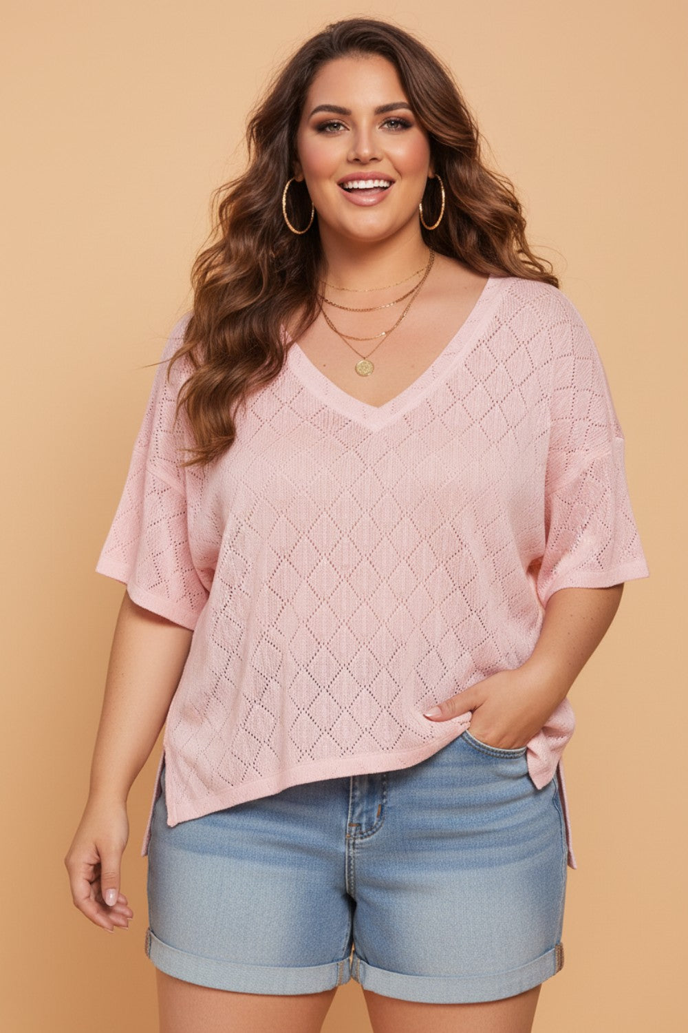 Plus Size Rhombus Pointelle Knit V-Neck Top