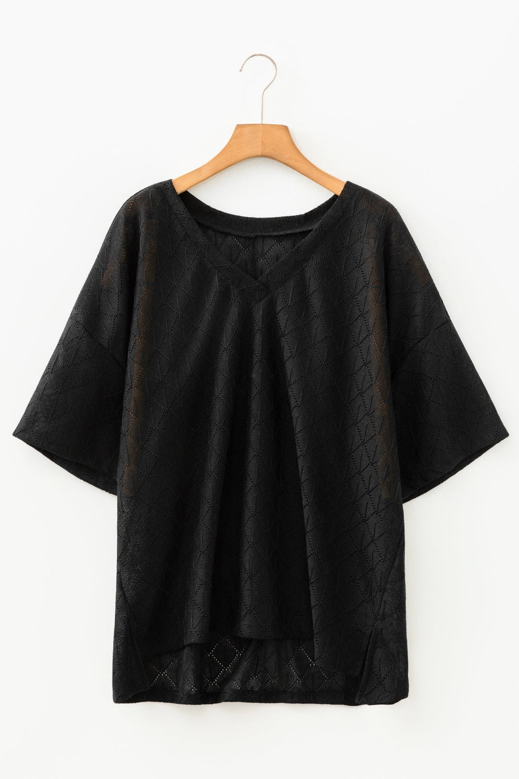 Plus Size Rhombus Pointelle Knit V-Neck Top