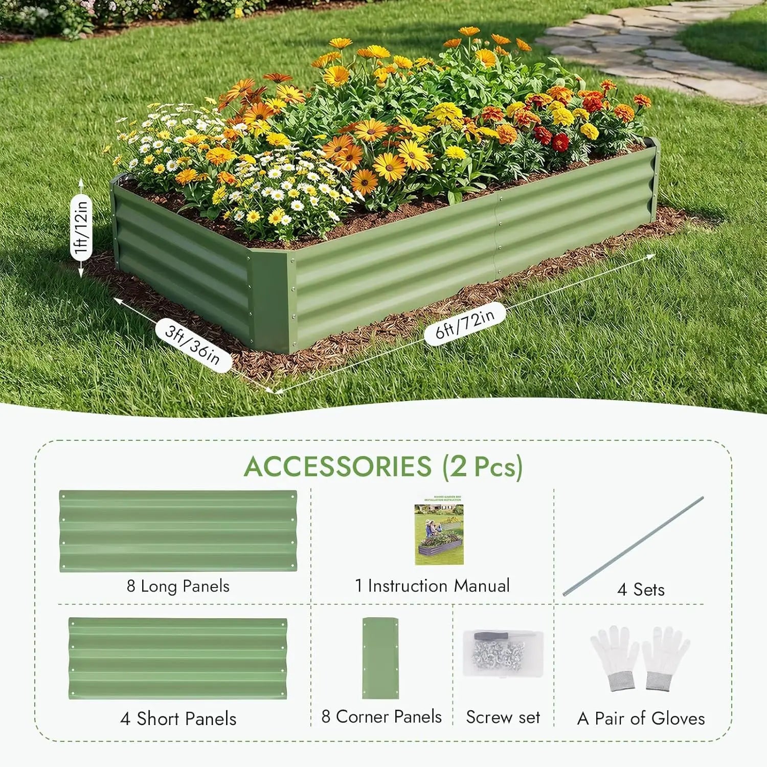2-Pack Galvanized Raised Garden Bed Kit, 6x3x1FT Metal Beds for Vegetables, Rust-Resistant & Easy Assembly