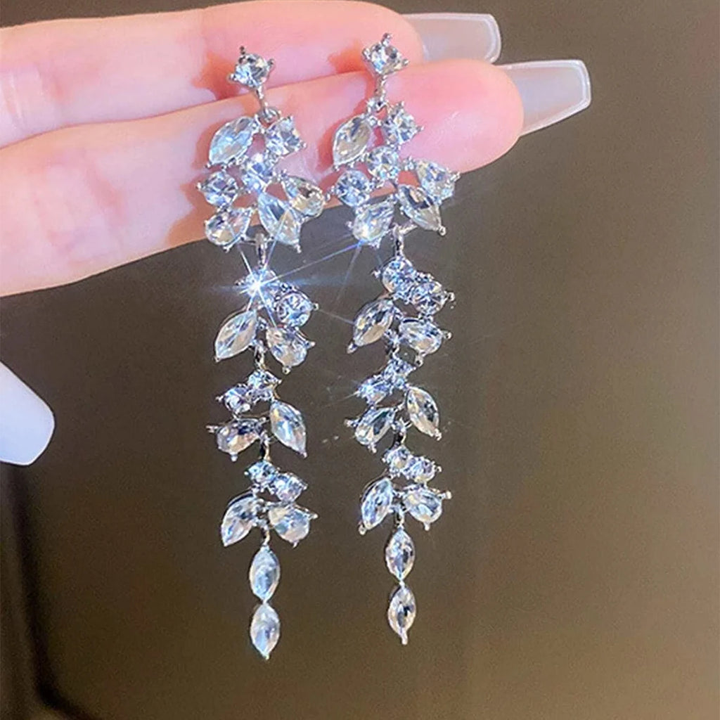 Vintage Full Rhinestone Women's Earrings Luxury Leaf Shaped Palace Earrings European And American Ear Jewelry For Party Wedding